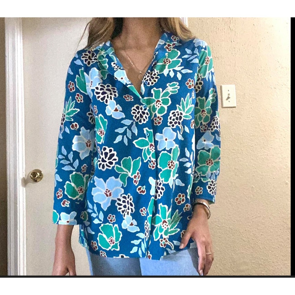 Banana Republic Blue Floral Print Split Back Button Up Shirt Size L Vacation